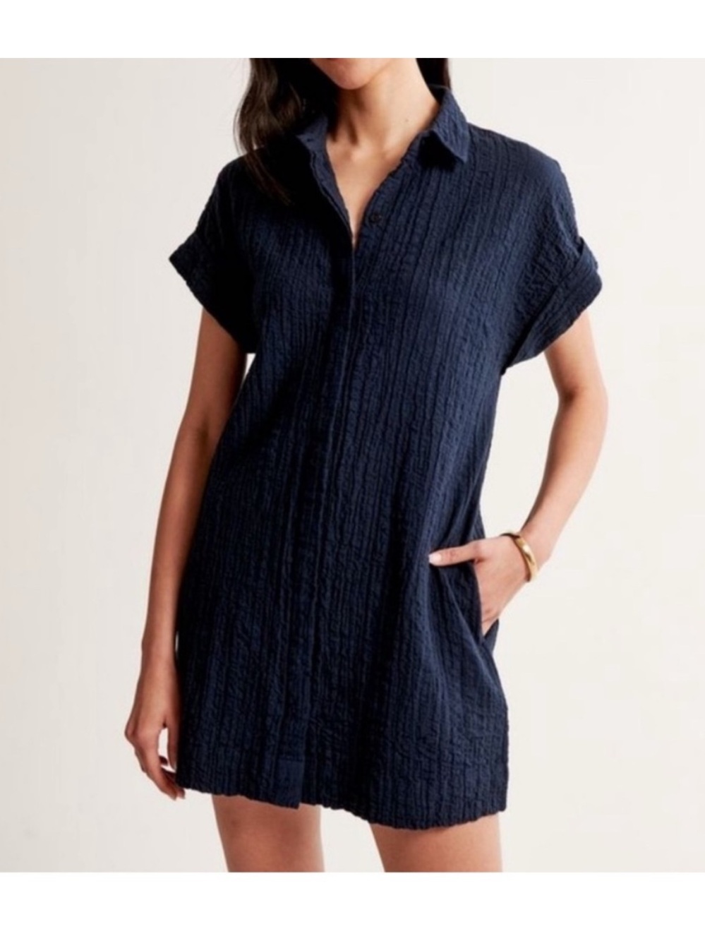 Abercrombie & Fitch Navy Textured Mini Shirt Dress